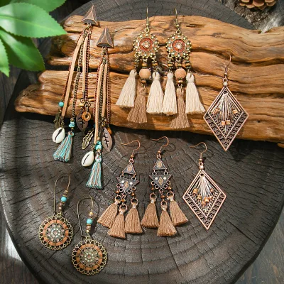 Boho Style Earrings Wholesale Vintage Do Old Hollow Tassel Earrings Exotic Ethnic Style Long Temperament Earrings