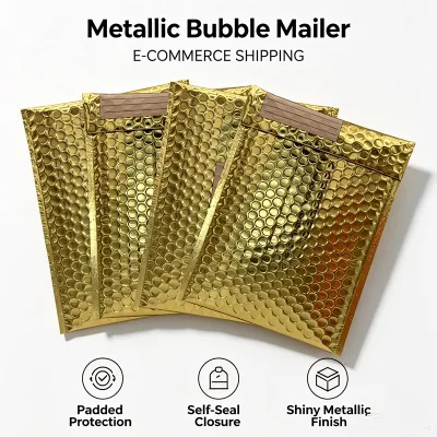 Ready Stock E-commerce Shiny Bubble Mailer Strong Adhesive Gold Metallic Bubble Mailer With Logo