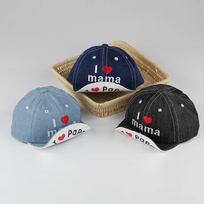 Children's 6-Panel Baseball Hat Denim Embroidered Logo Cuffed Brim Printed Letter Pattern Dobby Style Sporty Fabric Snapback Cap