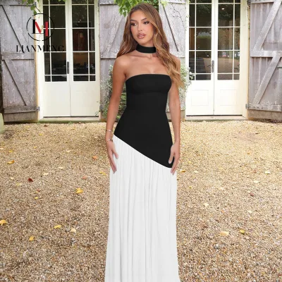 LM R864 Black White Color Block Strapless Maxi Dress Choker Collar Asymmetric Waist Pleated Long Skirt Party Evening Dress