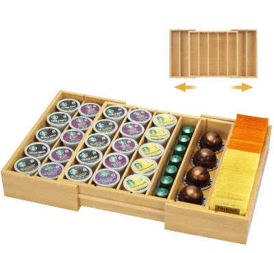 Bamboo Single-Tier K Cup Drawer Expandable Coffee Pod Holder Standing Type for Office or Kitchen Use