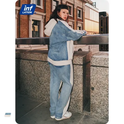 QUICKSHOW Denim Patchwork Leisure Tracksuit Couple Oversized Hoodie and Sweatpants Set