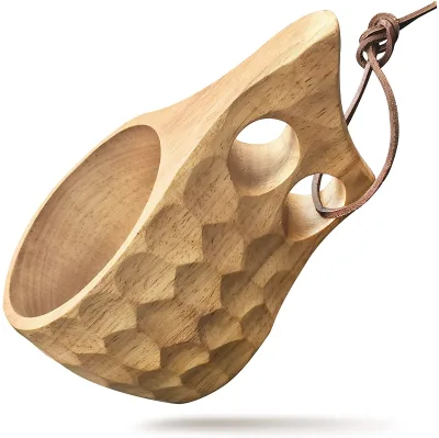 2021 Hot Sale Wooden Cup Nordic Kuksa Portable Outdoor Camping Drinking Cup Traditional Coffee Mug with Leather Lanyard
