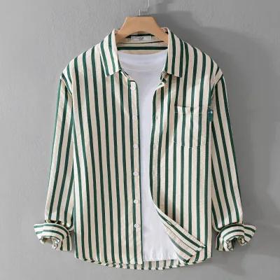 Spring and Autumn Men's Striped Long Sleeve Shirt Trendy Bubble Texture Comfortable Versatile Simple Youth Men's Shirt