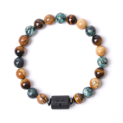 High Quality Natural Stone Tiger Eye African Turquoise Map Japser Beads 12 Zodiac Signs Constellation Beaded Bracelet