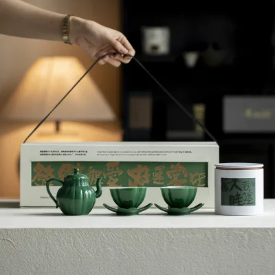 Green Teapot Set Cultural Creative National Trend Business Gift Accompanying Coffee Tea Set Ceramic Tea Set