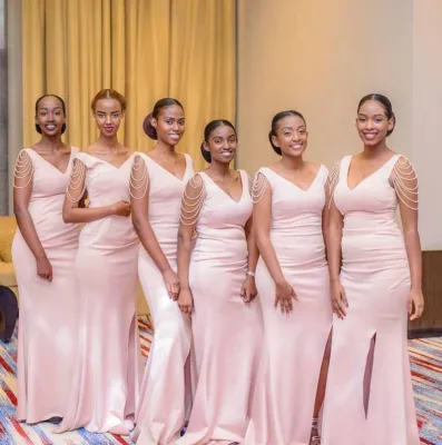 Elegant Custom Pink V Neck Long African Bridesmaid Dresses