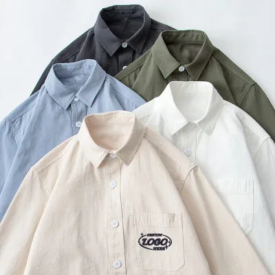 High Quality Custom Embroidery Logo Cotton Shirts Work Style Solid Color Long Sleeve Shirts Uniform for Men