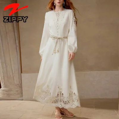 OEM Customize High Quality Boho Maxi Dress Lantern Sleeve Cutwork Lace Embroidery Hollow Round Collar Beach Vacation Long Dress