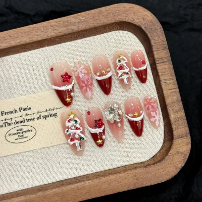 Red French 10Pcs high quality christmas press on nails Handmade White Snowflake Almond Artificial Fingeinails