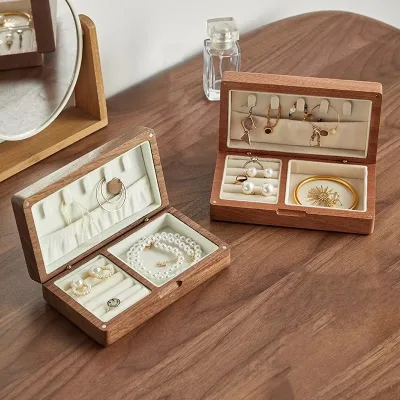 Wholesale Customized Portable Mini Black Walnut Jewelry Storage Box Embroidered Glass Cover Necklace Ring Earring