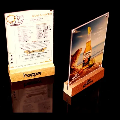 High Quality Custom Logo A3/A4/A5 Counter Menu Holder Eco-Friendly Wooden Base Acrylic Display Stand for Advertising Banner Menu