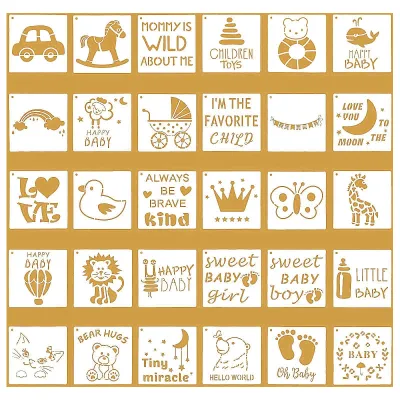 30pcs Baby Shower Fabric Stencils PET Material Templates for DIY Clothes Phrases Animals & Patterns for Decorations