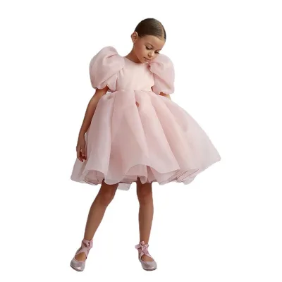 Children's Princess Diamond Ball Gown Quick Dry Puff Sleeves Birthday Puffy Skirt Dress