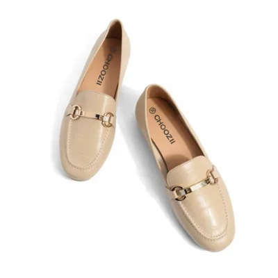 Fashion High-end Beige Embossed Leather Women Flat Buckle Loafers