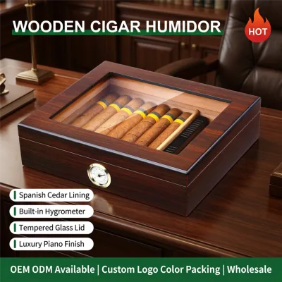 Solid Wood Cigar Humidor with Cedar Lining - Moisture Luxury Wooden Cigar Humidor Storage Box for Men with Spanish Cedar Lining