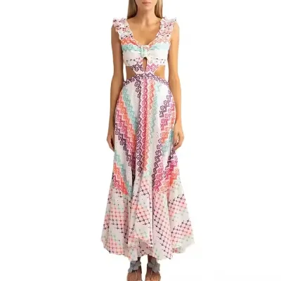 Custom Summer Fashion V Neck Strap Floral Print Dress for Women