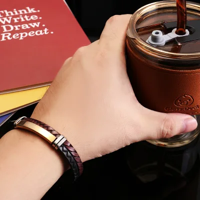 Custom Vintage Hand Bracelet Jewelry Glossy Lettering Stainless Steel Braided Black Leather Men Bracelet