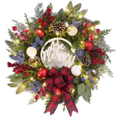 Artificial Cedar Christmas Wreath with Berry and Bow Farmhouse Style with LED Light for Home Porch Front Door Holiday Decoration