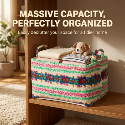 Fleece Rainbow Stripes Storage Basket EVA Shaping Waterproof Liner Foldable Storage Bin With Handles for Home Organizer