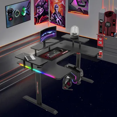 Industrial Pipe-Frame Gaming Desk with Distressed Leather Inlay and Adjustable Leveling Feet for Uneven Floors
