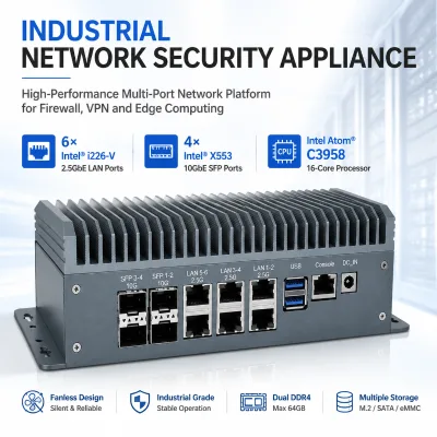 Fanless Network Security Appliance Intel Atom C3958 Firewall VPN Gateway with 6*2.5GbE I226-V 4*10GbE SFP Ports