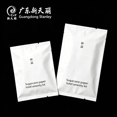 Custom logo Sugarcane Paper Biodegradable Packaging Bag Hotel Amenity Kit Shampoo Vanity Kits Sachet Travel Size
