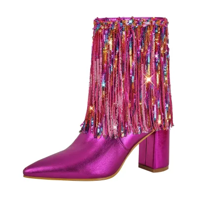 Lady Sequins Pointed Toe Chunky Heel Wide Calf Ankle Boots Women Shoes Boots