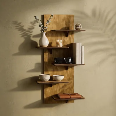 Wooden Wall Mounted Display Shelf Staggered 5 Tier Sunglasses Storage Rack for Entryway Living Room Bedroom Decor