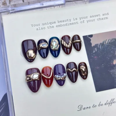 New Trends Mix Color 3D Handmade Press on Nails with Glue High Quality Colorful French Almond False Nails for Sell
