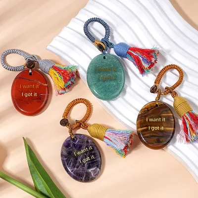 Cross-border Modern Minimalist Natural Crystal Agate Palm Stone Keychain Engraving Car Pendant Bag Hanging Ornaments China