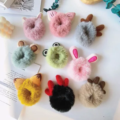 Autumn and Winter Plush Animal Ear Hair Rope Cute Cartoon Handmade Doll Furry Scrunchies for Hair