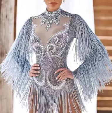 2025 Sexy Sparkly Rhinestones Tassel Tight Jumpsuit Long Sleeves Short One Piece Outfits Dancewear Stage Performance Bodysuit