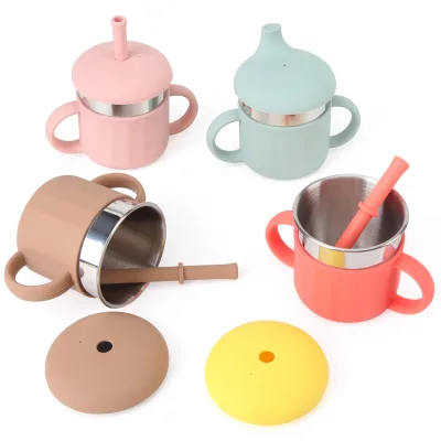 Custom 3-in-1 Kid Food Grade Double Wall 304 Stainless Steel & Silicone Eco-Friendly Baby Training Sippy Cup with Straw