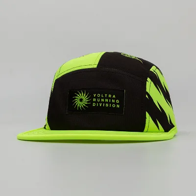 Custom Woven Logos Waterproof Flat Brim Polyester Fabric Outdoor Sublimation Printing Pattern Adjustable Black Buckle Caps
