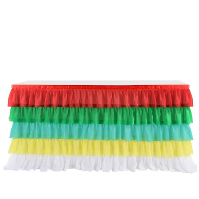 Europe Table Skirting Cloth Cover Rectangular Fancy Tulle Chiffon Rainbow Ruffle Table Skirt for Wedding Party Decoration