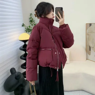 2023 New Solid Color Cotton-Padded Women Short Casual All Korean Version Stand Collar Small Thick Bread Coat