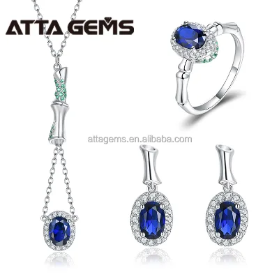 Custom Hot Sell Jewelry Set Sapphire Gemstone Oval Cut Created Sapphire Stone Jewelry Set for Her