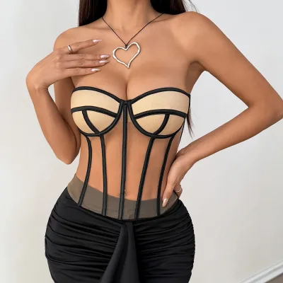 Women Bones Corset Bustier With Cup Lace up Transparent Mesh See Through Push up Bodice Shaper Corset Base Bra for Wedding Gown