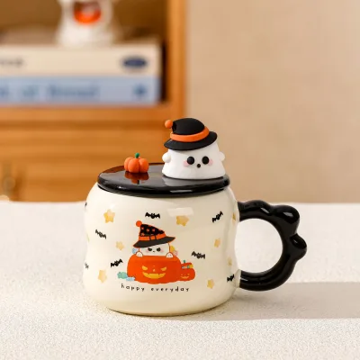 Harmony Halloween Cute Ghost Porcelain Mug Lid Spoon Microwave Dishwasher Safe Coffee/Milk Cup Birthday Gift Party Home/Office
