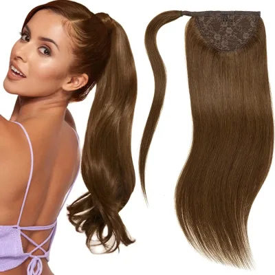 Chocolate Brown Remy Human Hair Extensions Ponytail Wraps Pony Tails Extensions Human Hair Straight Hair Piece Ponytail