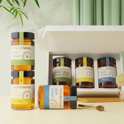 Custom Gift Craft Box Packaging Hexagon Shape BPA Free Glass Jar with Dipper Metal Lid for Jam Honey Baby Food Eco-Friendly Use