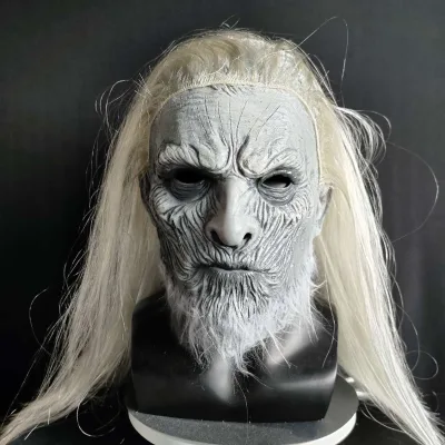 Night's King Latex Headcover Mask Cosplay Halloween Ghostly Face Mask with Long Hair for Costume Parties