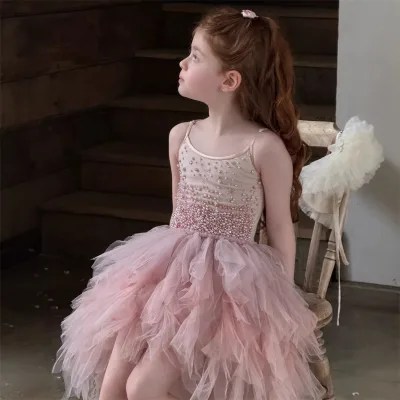 Customized Orange Music 26 Spring Summer Children's Girls' Princess Heavy Industry Hand-stitched Pearl Sling Skirt Petal Mesh