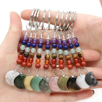 7 Chakra Natural Stone Keychain Moon Shaped Healing Crystal Key Chain Ring Bag Backpack Charm Car Key Pendant Friendship Gifts