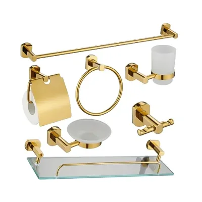 Zinc-alloy and Stainless Steel Bathroom Accessories 7 Bath Set Tumbler Holder Titanium Gold Robe Hook