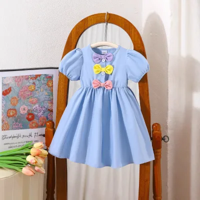New Summer Girls' Floral Dress Pure Color Sweet Princess Lantern Puff Short Sleeves Bow