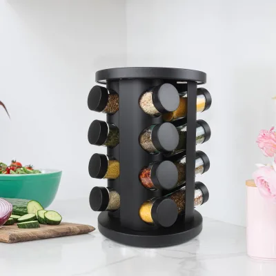 Four-Layer Stainless Steel Seasoning Storage Rack with 16 Jars Metal Airtight Cover Rotating Spice Holder Set Herb & Spice Tools