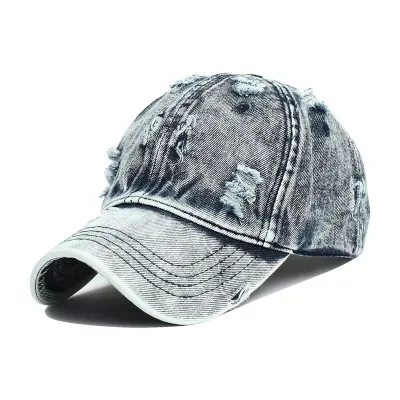 Worn Out Distressed Blue Denim Frayed Blank 6 Panel Baseball Cap Hat