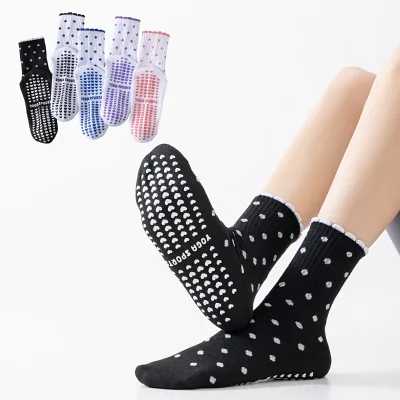 Funola Women's Crew Socks Polka Dot Print Jacquard logo Ruffle Design Breathable Non slip Heart Grip Yoga Socks